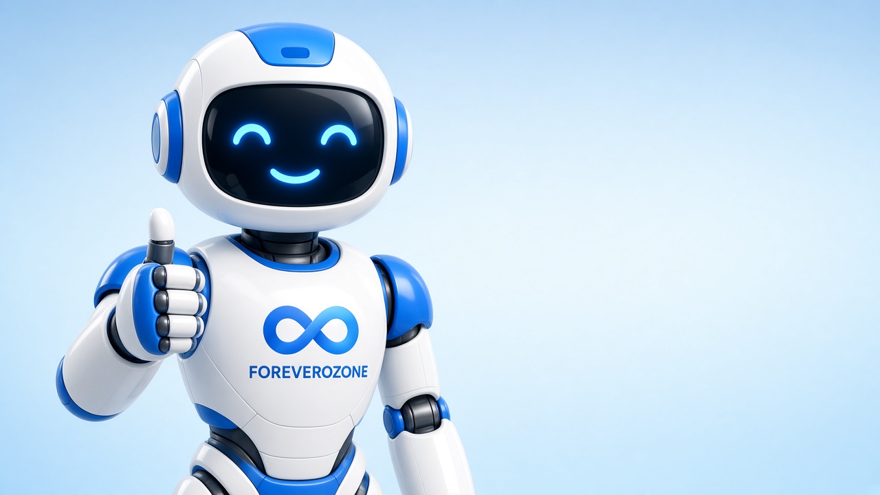 Commercial Ozone Generators with Nano-Metal Free, Humidity-Resistant “Tesla” Quartz Tube Technology 8 ForeverOzone AI Assistant robot giving a thumbs up