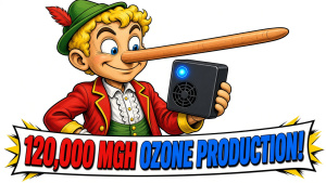 Commercial Ozone Generators with Nano-Metal Free, Humidity-Resistant “Tesla” Quartz Tube Technology 9 Pinocchio with a long nose holding a cheap ozone generator claiming 120,000 MGH ozone production